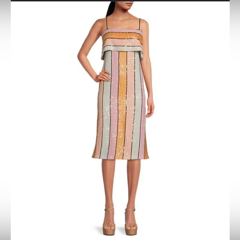Gianni Bini Pastel Striped Sequin Midi Dress - Pink, Yellow, Green